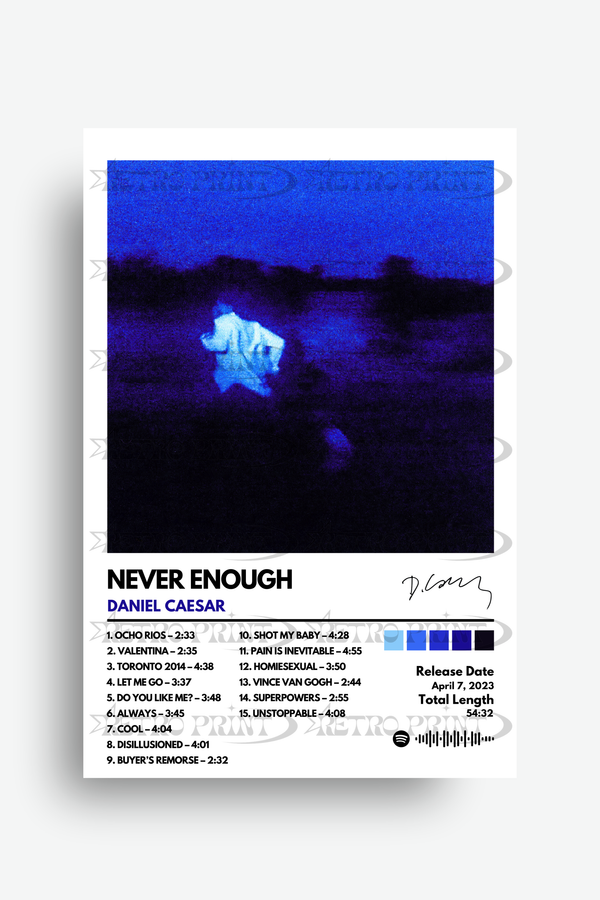 Album cover for 'Never Enough' by Daniel Caesar with a blue light effect on a white background