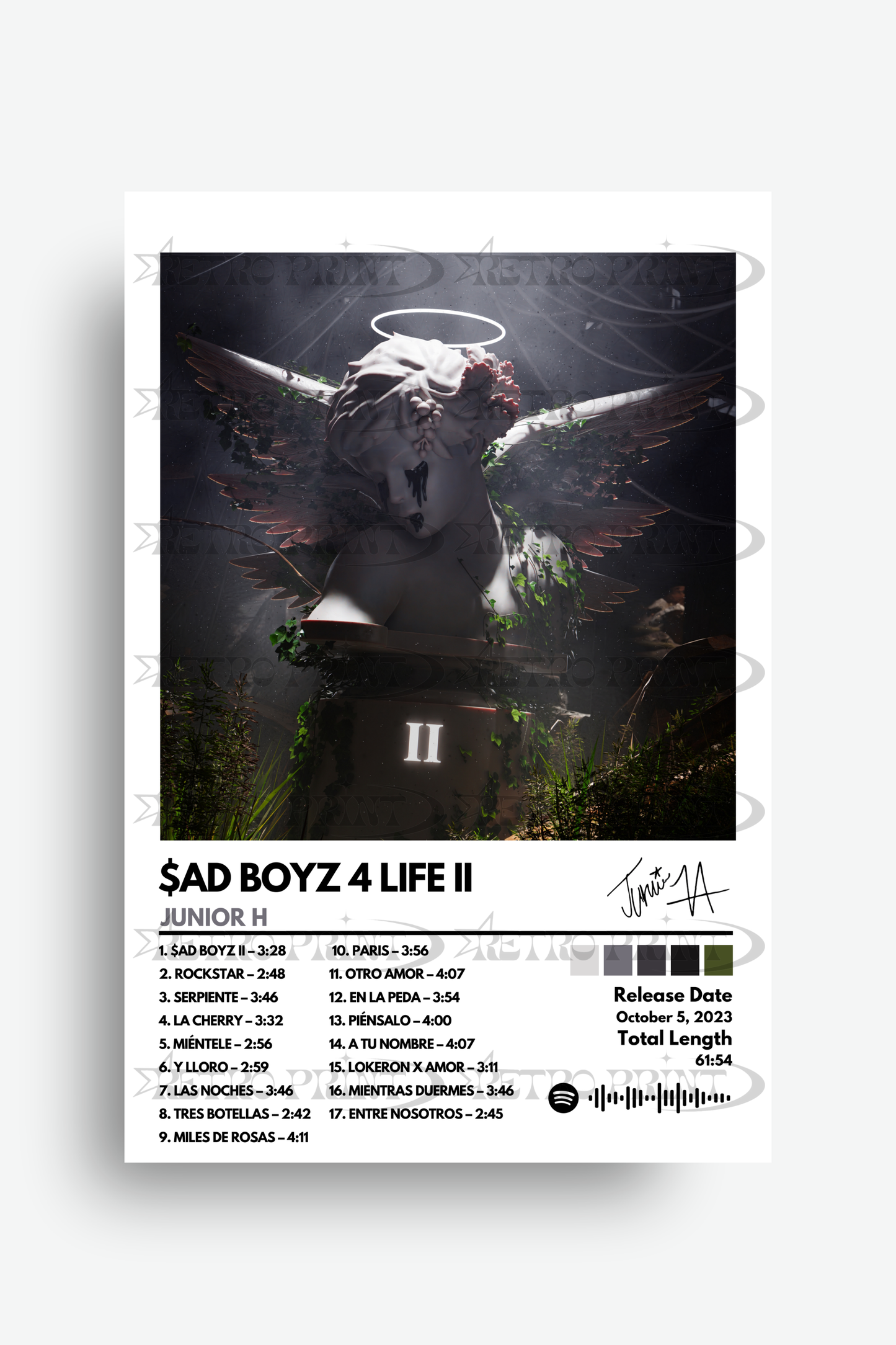 Album cover for 'Sad Boyz 4 Life II' by Junior H with an angelic figure and tracklist.