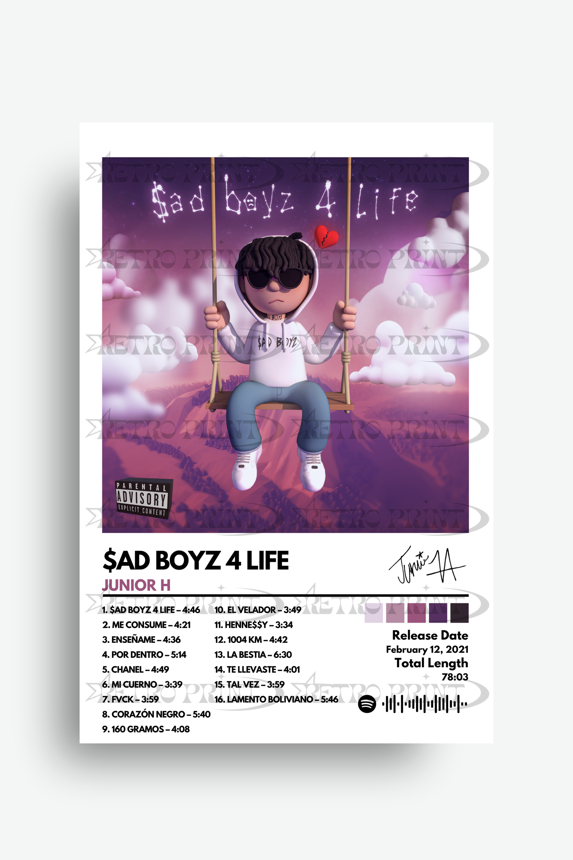 Album cover for 'Sad Boyz 4 Life' by Junior H with a child on a swing against a purple sky.