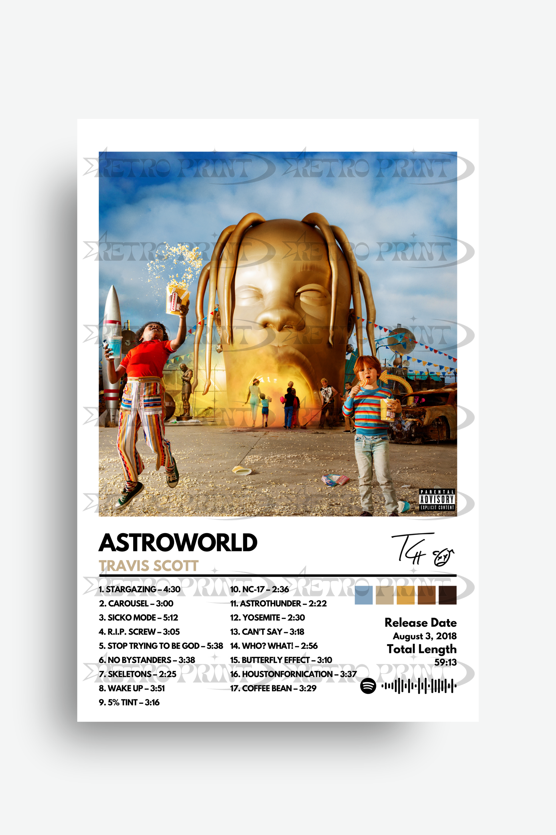 Album cover for 'ASTROWORLD' by Travis Scott with a large golden head sculpture and two people in front.