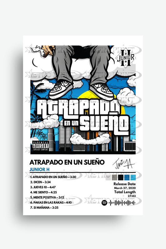 Album cover for 'Atrapado en un Sueño' by Junior H with artistic design elements.