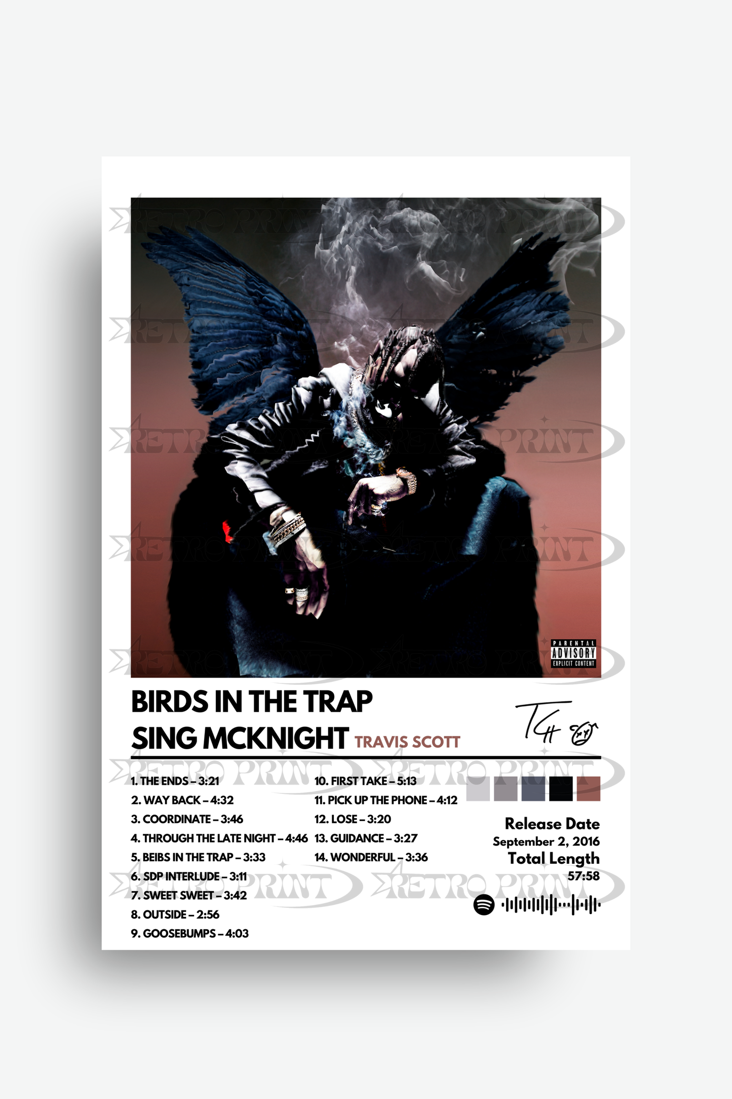 Album cover for 'Birds in the Trap Sing McKnight' by Travis Scott with a person in a dark outfit and wings.