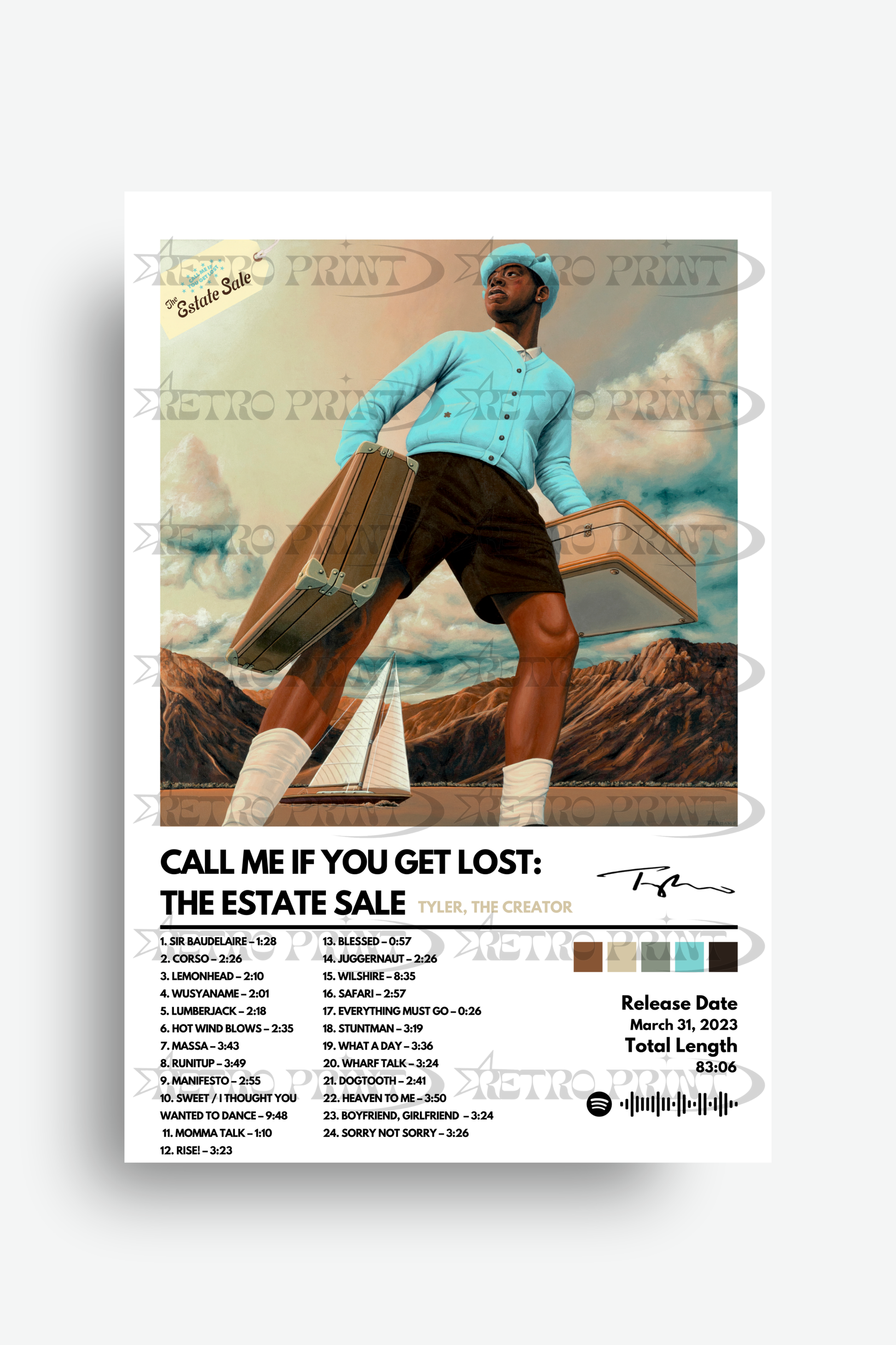 Album cover with a person holding suitcases, sailboat, and mountain landscape.