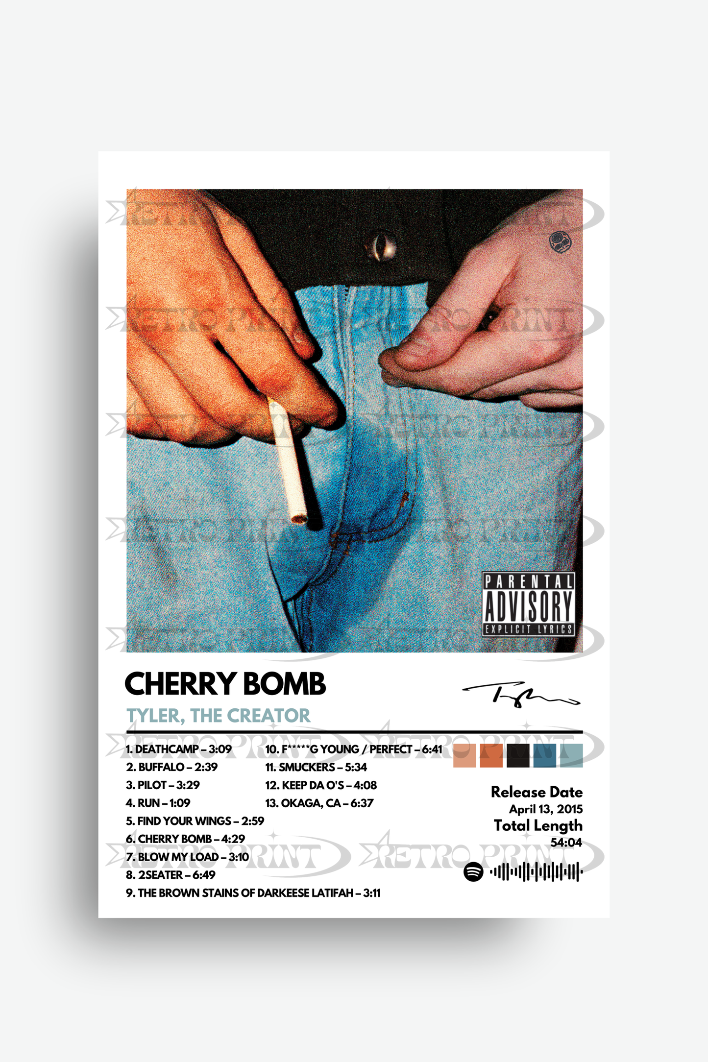 Album cover for 'Cherry Bomb' by Tyler, The Creator with hands holding a cigarette and denim jeans.