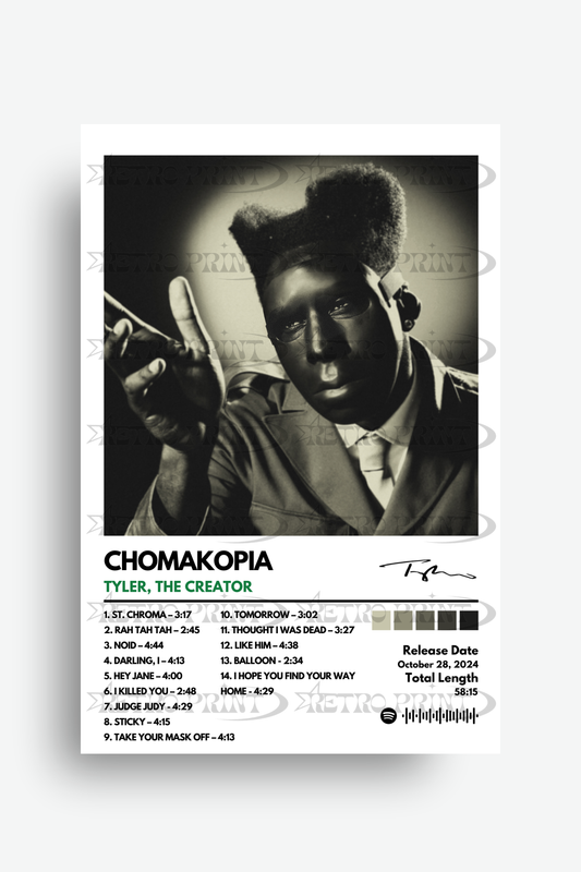 Album cover for 'Chomakopia' by Tyler, The Creator with a black and white portrait of the artist.