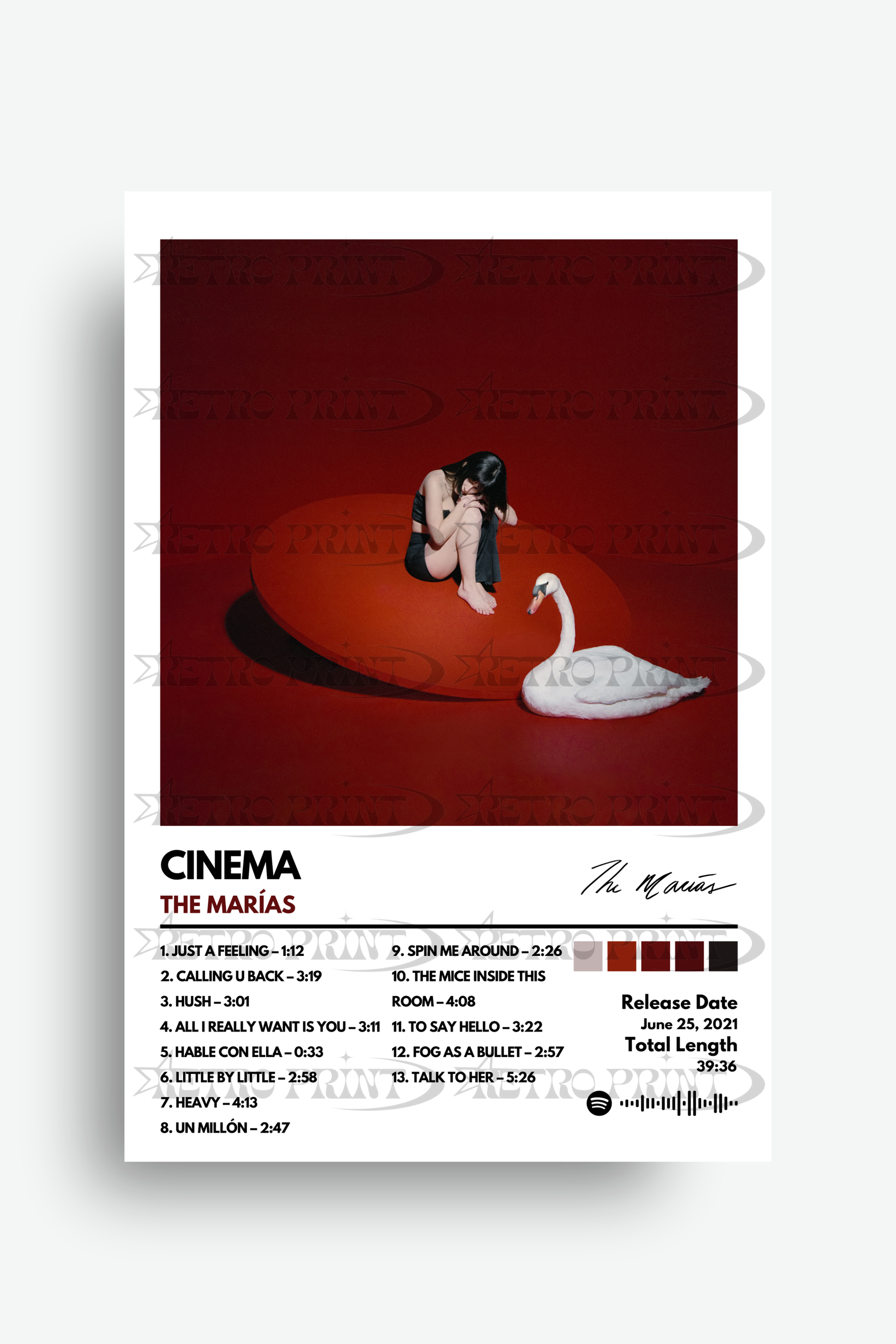 Album cover for 'Cinema' by The Marias with a swan and person on a red background