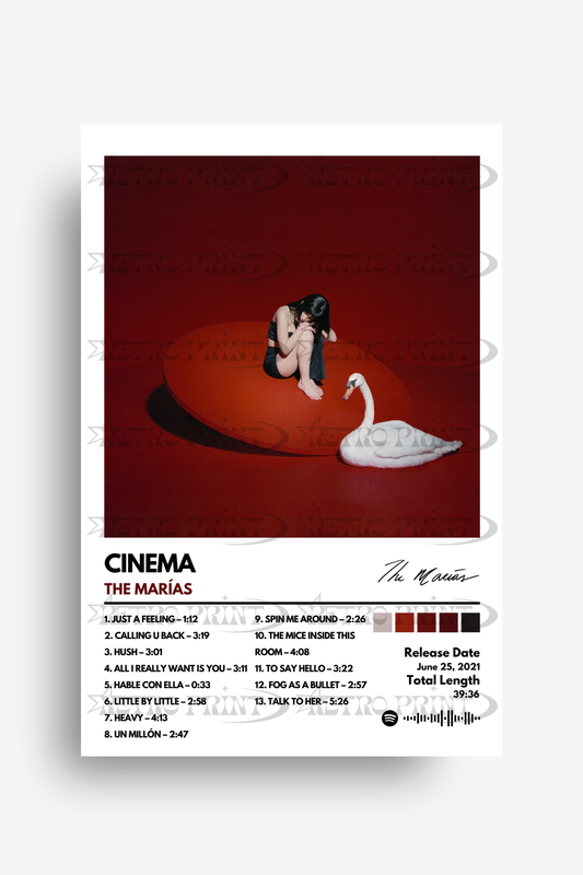 Album cover for 'Cinema' by The Marias with a swan and person on a red background