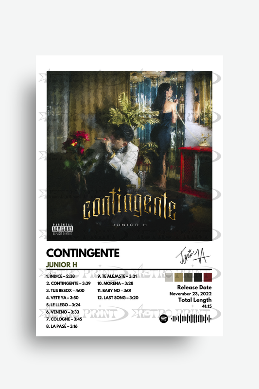 Album cover for 'Contingente' by Junior H with two people in a room.