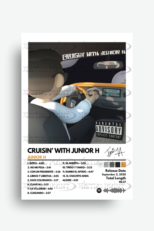 Album cover for 'Cruisin' with Junior H' featuring a person driving a car.