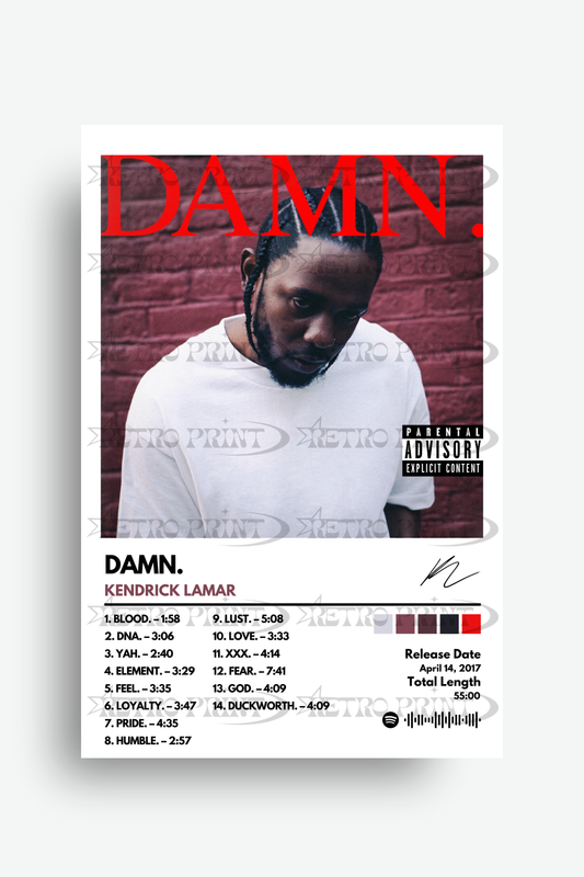 Album cover for 'Damn.' by Kendrick Lamar with a portrait of the artist and tracklist.