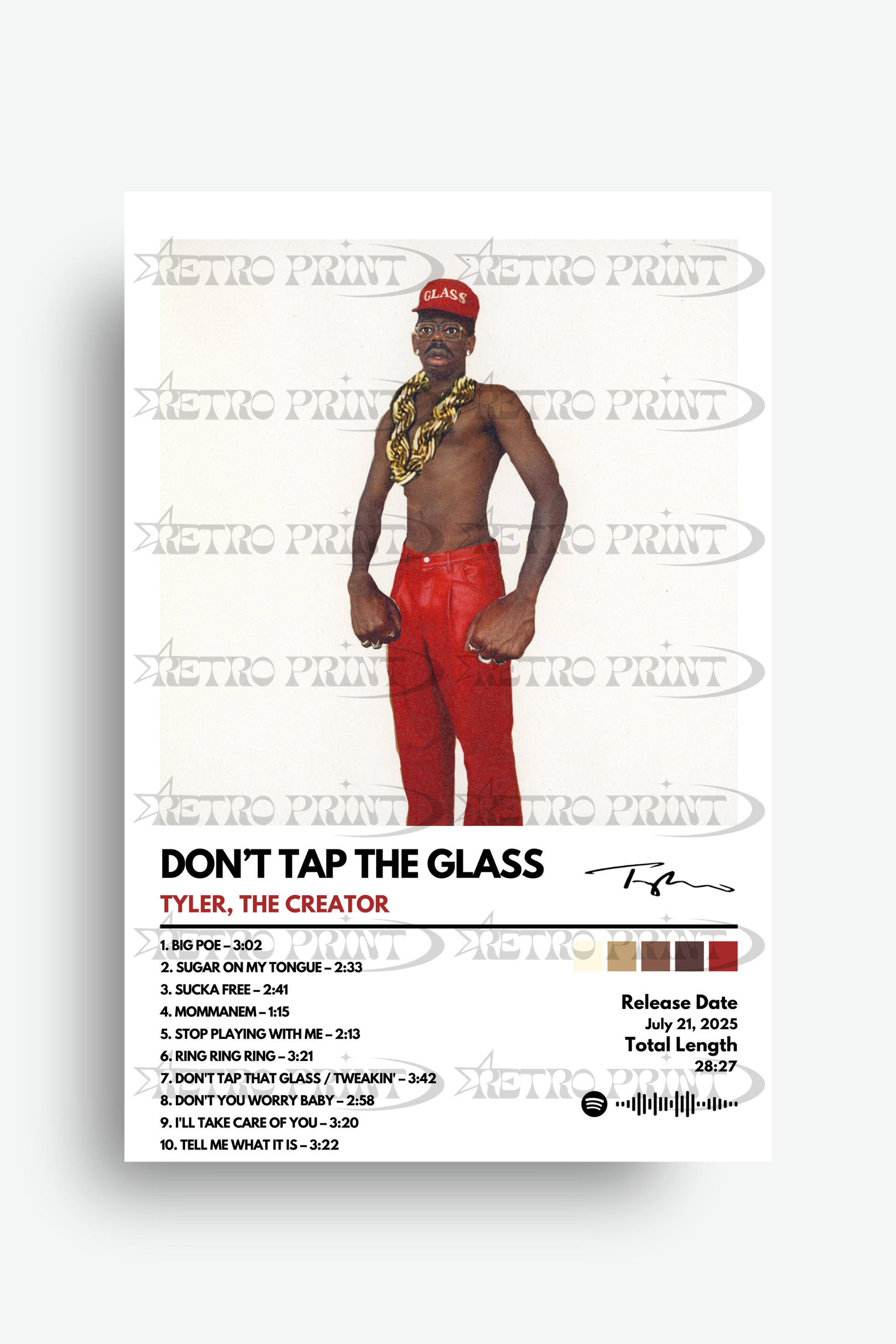 Album cover for 'Don't Tap the Glass' by Tyler, the Creator with a person in red pants and gold chain.
