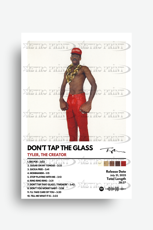 Album cover for 'Don't Tap the Glass' by Tyler, the Creator with a person in red pants and gold chain.
