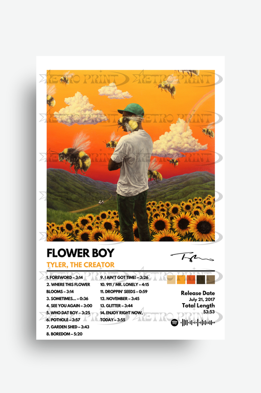 Album cover for 'Flower Boy' by Tyler, The Creator with a person in a hat and sunglasses amidst sunflowers and bees.