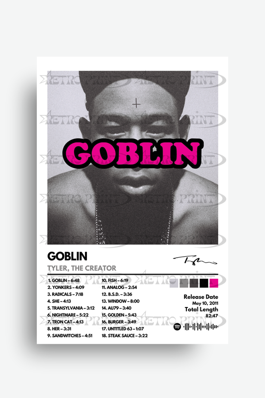 Album cover for 'Goblin' by Tyler, the Creator with a black and white portrait and pink text.