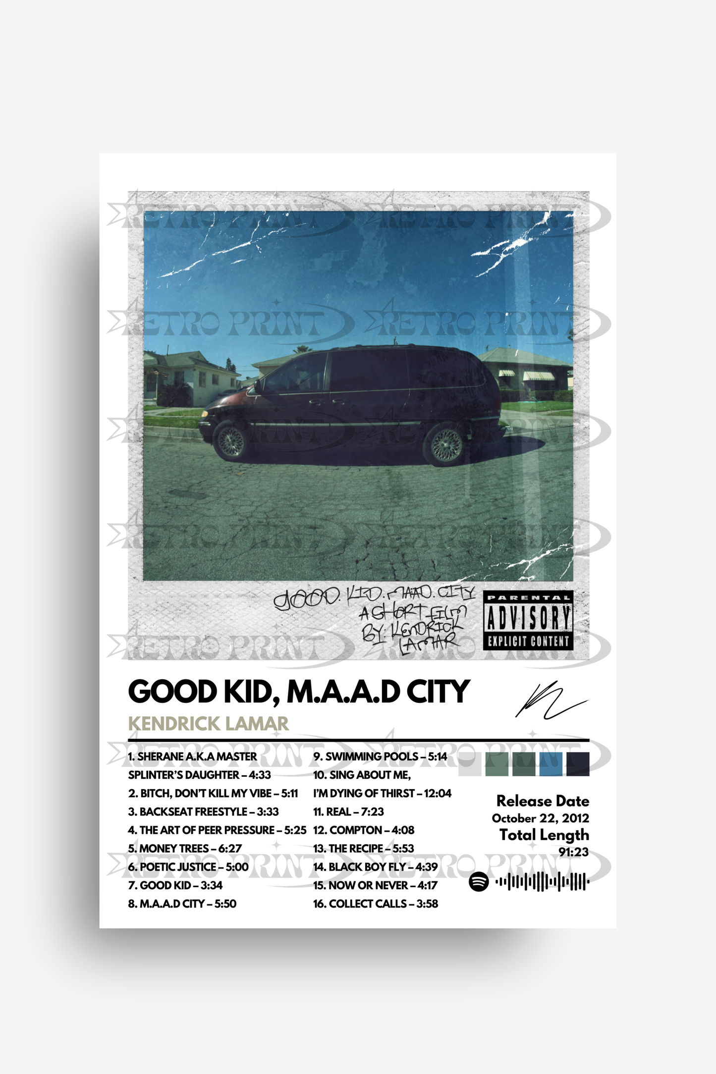 Album cover for 'Good Kid, M.A.A.D City' by Kendrick Lamar with a car and house illustration.