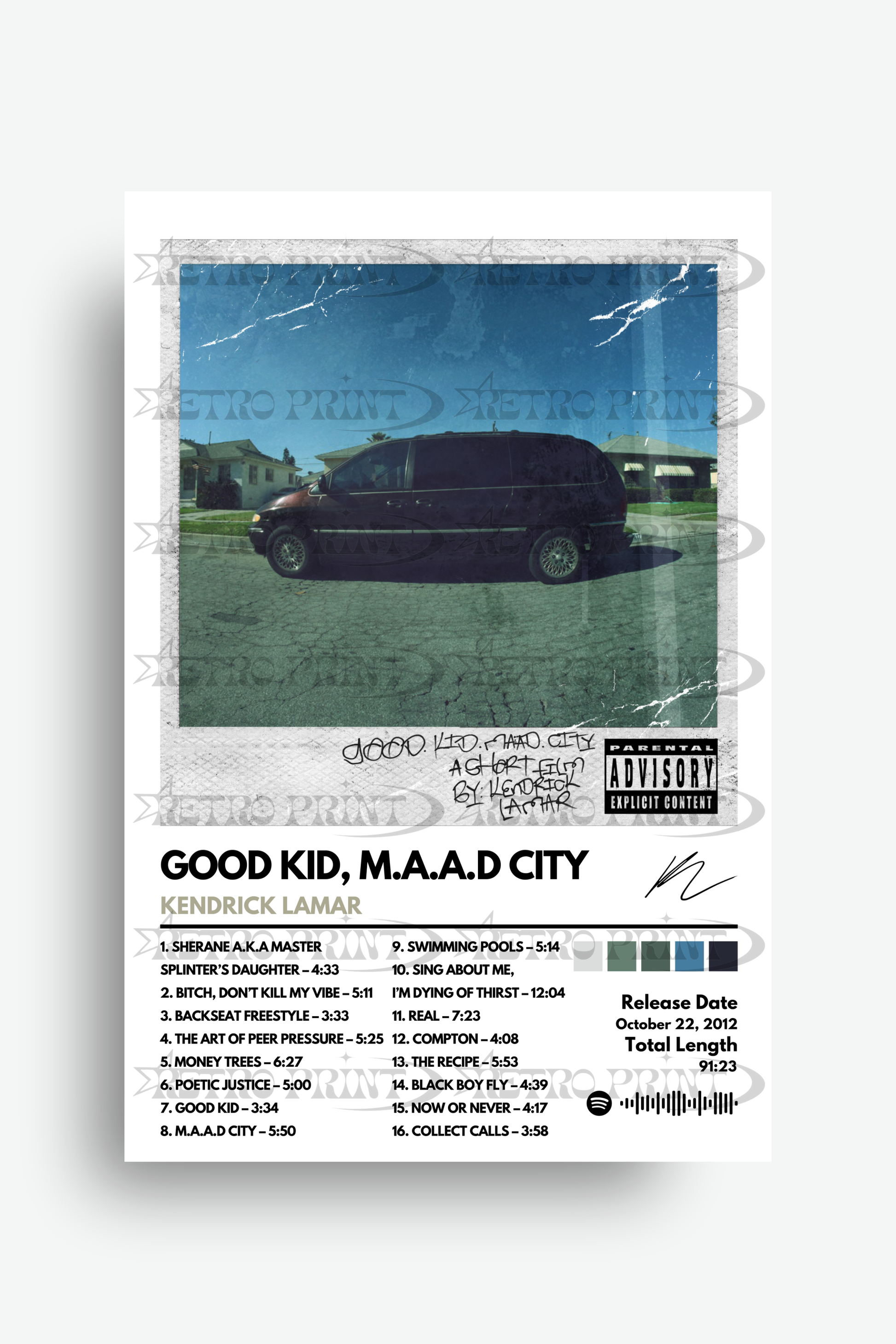 Album cover for 'Good Kid, M.A.A.D City' by Kendrick Lamar with a car and house illustration.