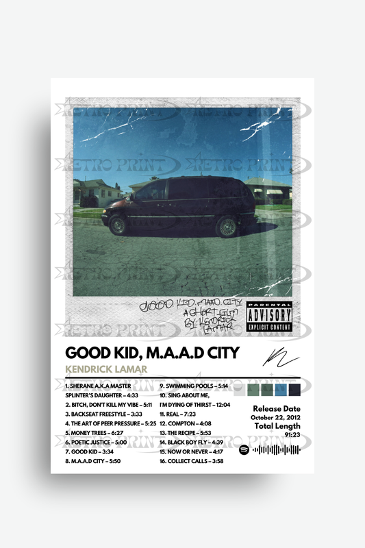 Album cover for 'Good Kid, M.A.A.D City' by Kendrick Lamar with a car and house illustration.