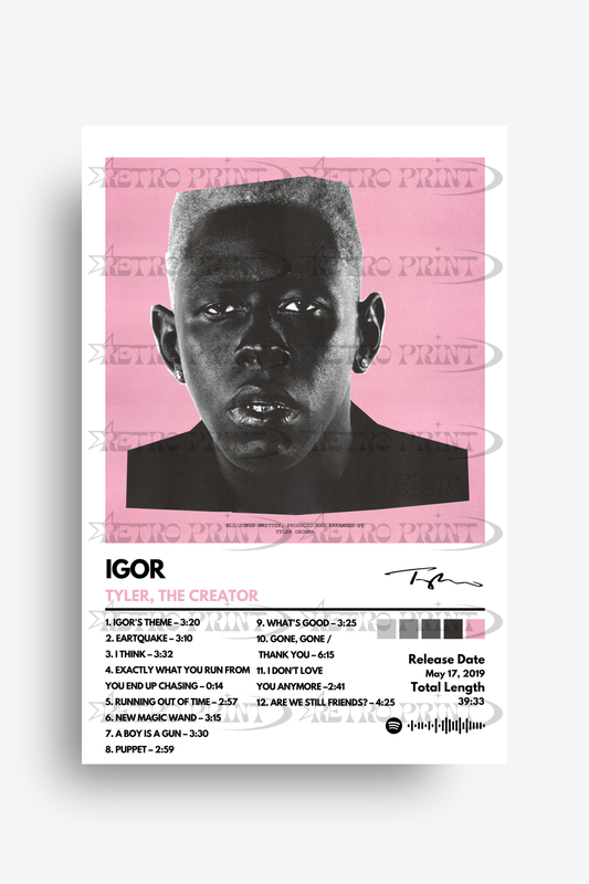 Album cover for 'Igor' by Tyler, The Creator with a pink background and black and white portrait.