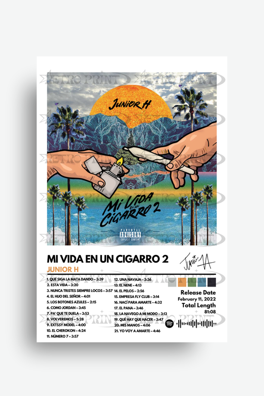 Album cover for 'Mi Vida En Un Cigarro 2' by Junior H with hands holding a cigarette against a scenic background.