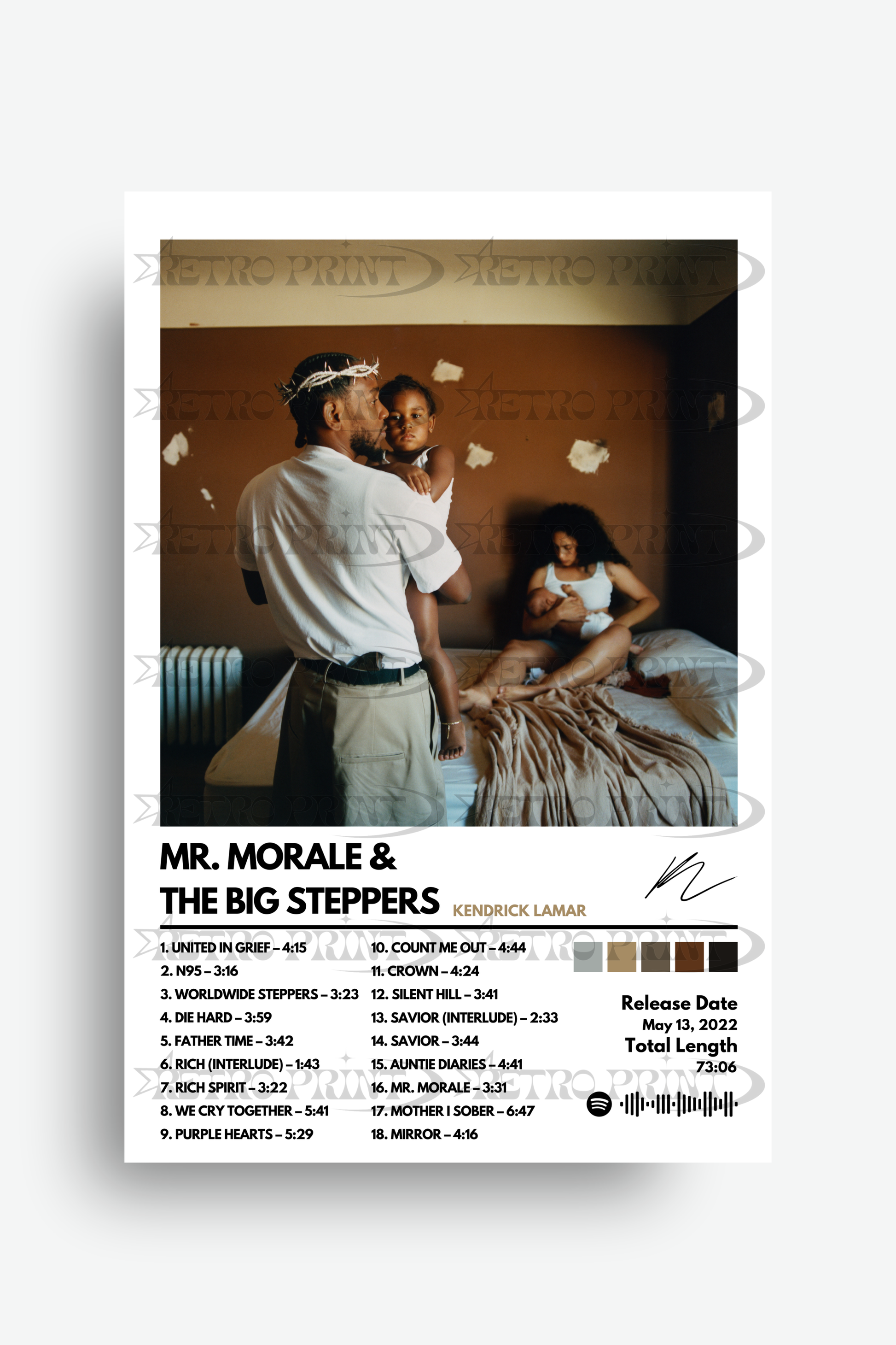 Album cover for 'Mr. Morale & The Big Steppers' with a family scene and tracklist.