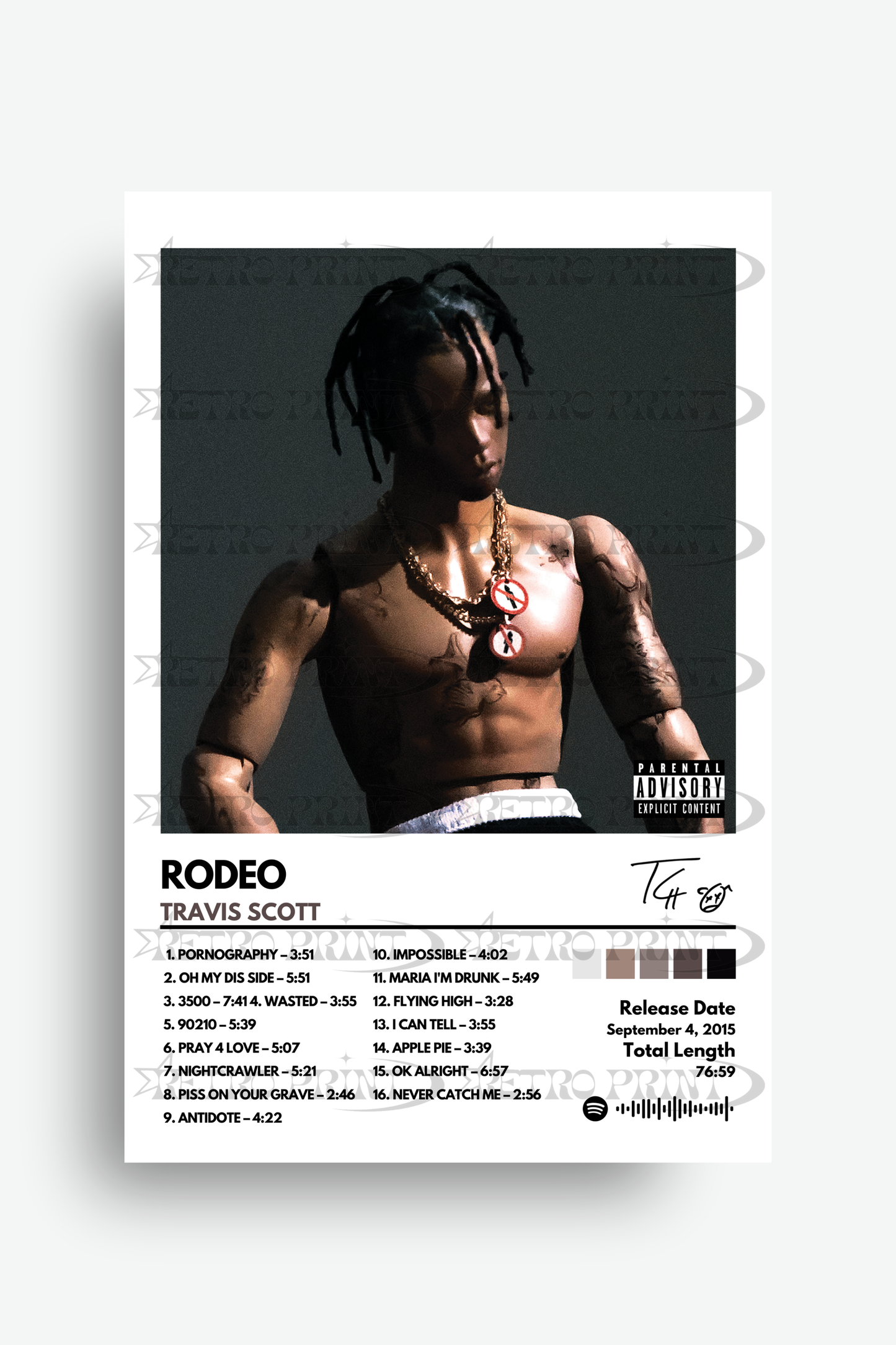 Album cover for 'Rodeo' by Travis Scott with a shirtless man and album details.