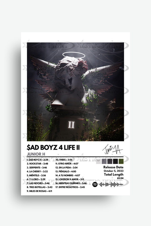 Album cover for 'Sad Boyz 4 Life II' by Junior H with an angelic figure and tracklist.