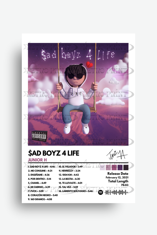 Album cover for 'Sad Boyz 4 Life' by Junior H with a child on a swing against a purple sky.