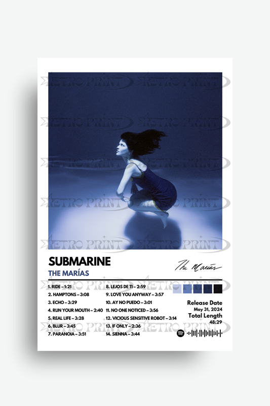 Album cover for 'Submarine' by The Marías with a person in a dark dress sitting underwater.