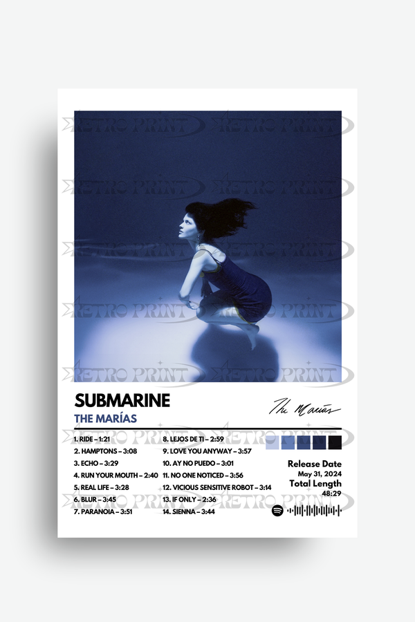Album cover for 'Submarine' by The Marías with a person in a dark dress sitting underwater.