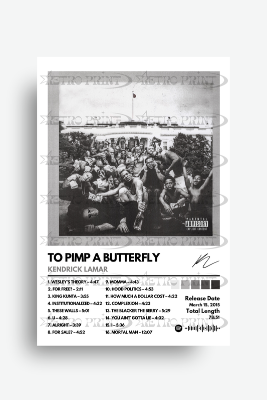 Album cover for 'To Pimp a Butterfly' by Kendrick Lamar with a black and white photo of a crowd.
