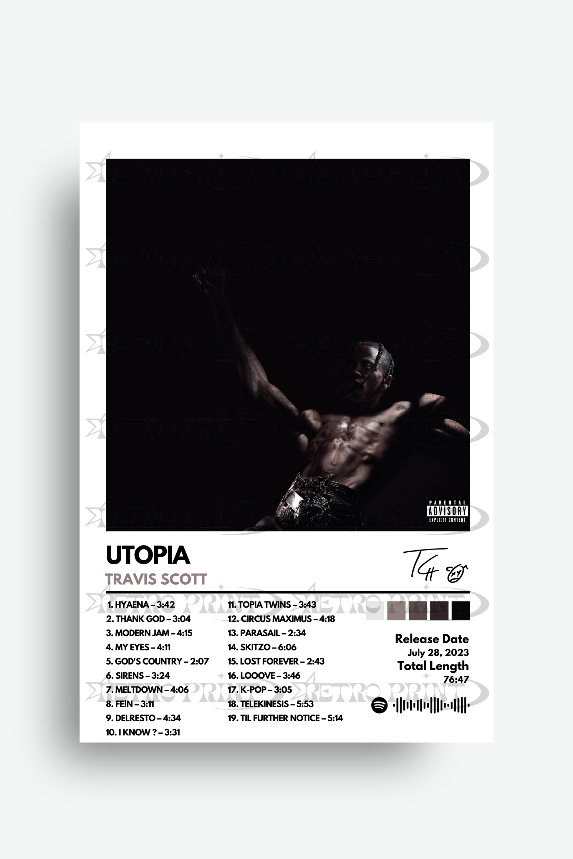 Album cover for 'UTOPIA' by Travis Scott with a black and white photo of a person and tracklist.