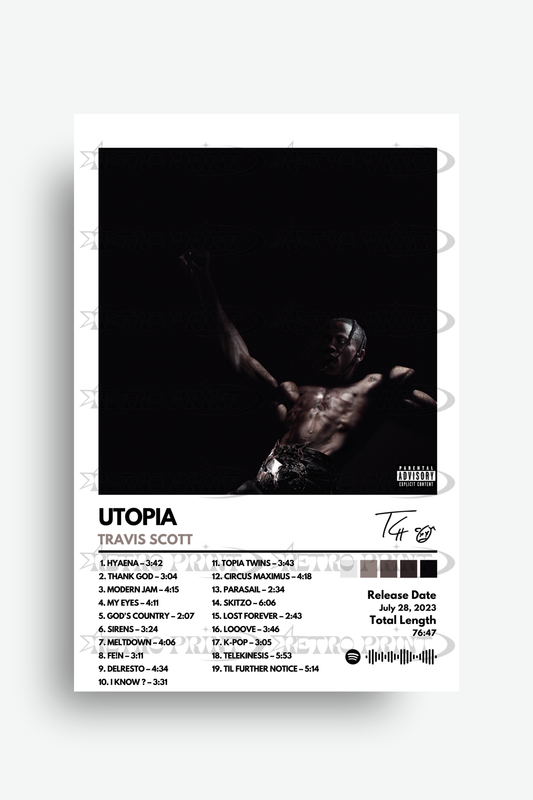 Album cover for 'UTOPIA' by Travis Scott with a black and white photo of a person and tracklist.
