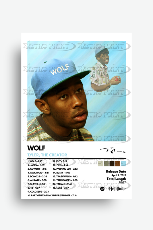 Album cover with a person wearing a cap and text 'WOLF' on a light blue background